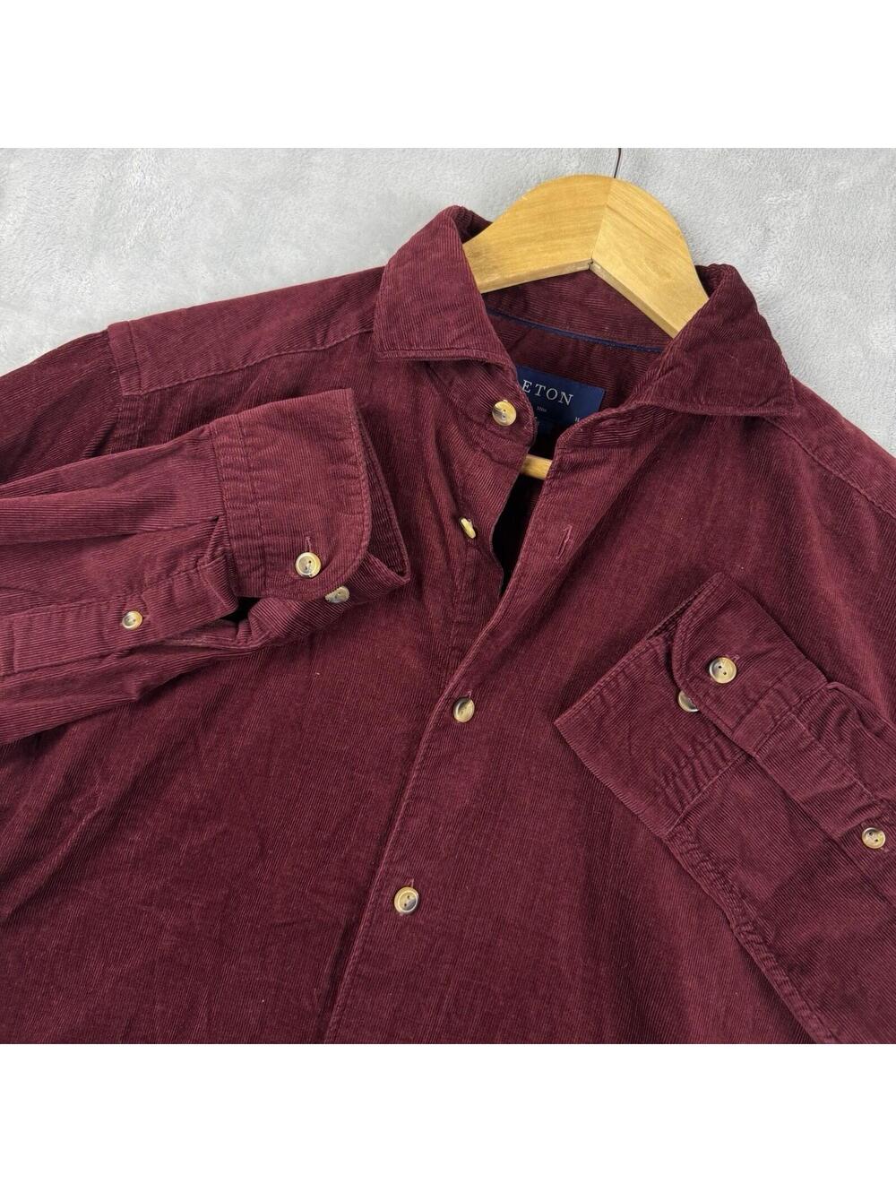 Eton Slim Fit Burgundy Red Corduroy Button Shirt Mens Small Sweden quiet luxury